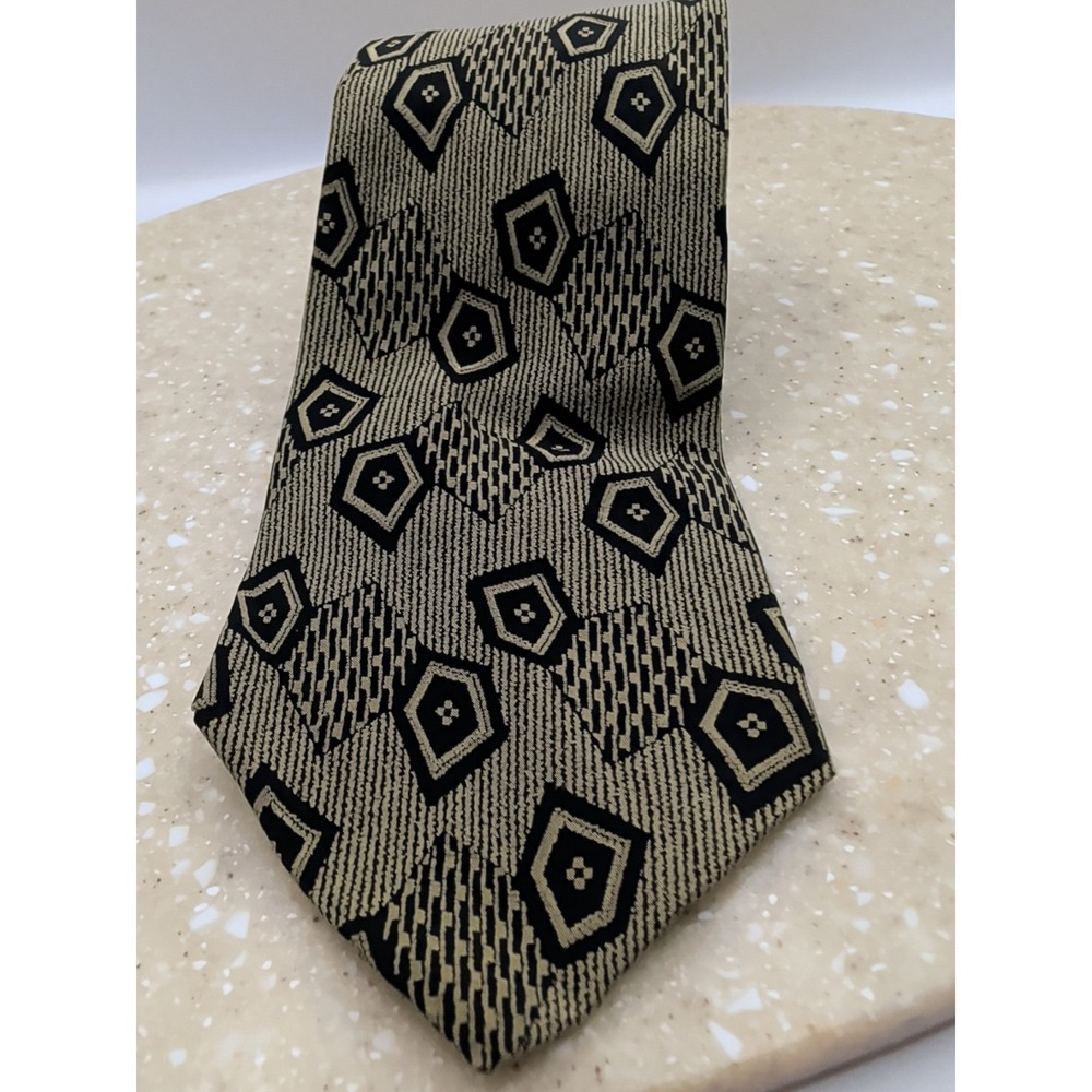 DAVID LAWRENCE Men's 100% Silk Tie ITALY Geometric Gold/Green/Ivory EUC